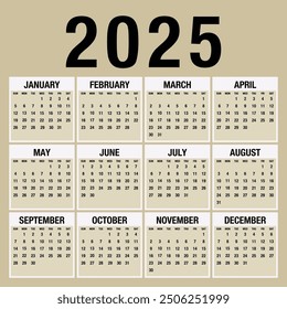 Plantilla del calendario para el año 2025, diseño del calendario 2015, Vertical del calendario 2015: la semana comienza con el domingo.