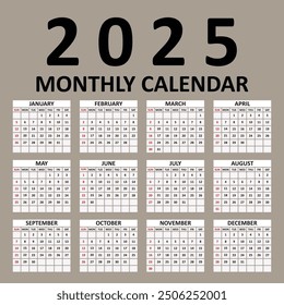 Plantilla del calendario para el año 2025, diseño del calendario 2015, Vertical del calendario 2015: la semana comienza con el domingo.