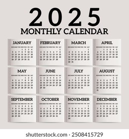  Plantilla de calendario para el año 2025, diseño de calendario 2015, Vertical de calendario 2015: la semana comienza con el domingo.