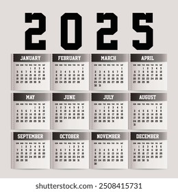  Plantilla de calendario para el año 2025, diseño de calendario 2015, Vertical de calendario 2015: la semana comienza con el domingo.