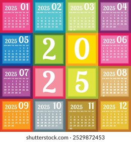 Plantilla de calendario para el año 2025, diseño de calendario 2015, Vertical de calendario 2015: la semana comienza con el domingo, diseño de Plantilla abstracta para el año nuevo 2025.