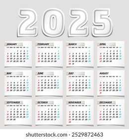 Plantilla de calendario para el año 2025, diseño de calendario 2015, Vertical de calendario 2015: la semana comienza con el domingo, diseño de Plantilla abstracta para el año nuevo 2025.