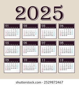 Plantilla de calendario para el año 2025, diseño de calendario 2015, Vertical de calendario 2015: la semana comienza con el domingo, diseño de Plantilla abstracta para el año nuevo 2025.