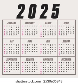 Plantilla de calendario para el año 2025, diseño de calendario 2015, Vertical de calendario 2015: la semana comienza con el domingo, diseño de Plantilla abstracta para el año nuevo 2025.