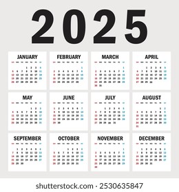 Plantilla de calendario para el año 2025, diseño de calendario 2015, Vertical de calendario 2015: la semana comienza con el domingo, diseño de Plantilla abstracta para el año nuevo 2025.