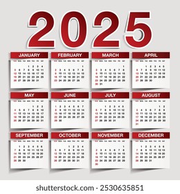 Plantilla de calendario para el año 2025, diseño de calendario 2015, Vertical de calendario 2015: la semana comienza con el domingo, diseño de Plantilla abstracta para el año nuevo 2025.