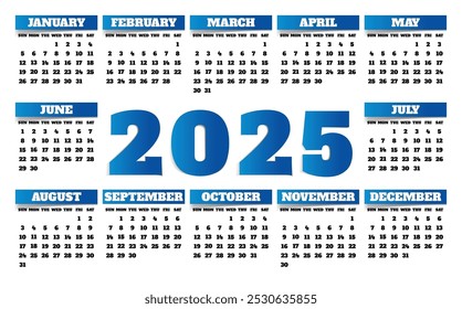 Plantilla de calendario para el año 2025, diseño de calendario 2015, Vertical de calendario 2015: la semana comienza con el domingo, diseño de Plantilla abstracta para el año nuevo 2025.