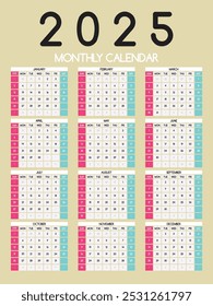 Plantilla de calendario para el año 2025, diseño de calendario 2015, Vertical de calendario 2015: la semana comienza con el domingo, diseño de Plantilla abstracta para el año nuevo 2025.