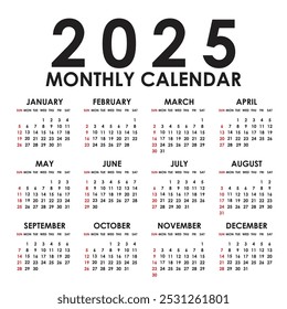 Plantilla de calendario para el año 2025, diseño de calendario 2015, Vertical de calendario 2015: la semana comienza con el domingo, diseño de Plantilla abstracta para el año nuevo 2025.