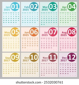 Plantilla de calendario para el año 2025, diseño de calendario 2015, Vertical de calendario 2015: la semana comienza con el domingo, diseño de Plantilla abstracta para el año nuevo 2025.