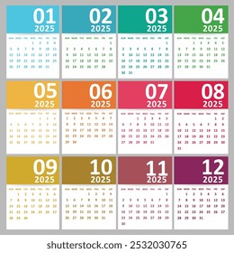 Plantilla de calendario para el año 2025, diseño de calendario 2015, Vertical de calendario 2015: la semana comienza con el domingo, diseño de Plantilla abstracta para el año nuevo 2025.