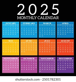  calendar template for 2025 year,  2025 calendar design, 2025 calendar vertical - week starts with Sunday.