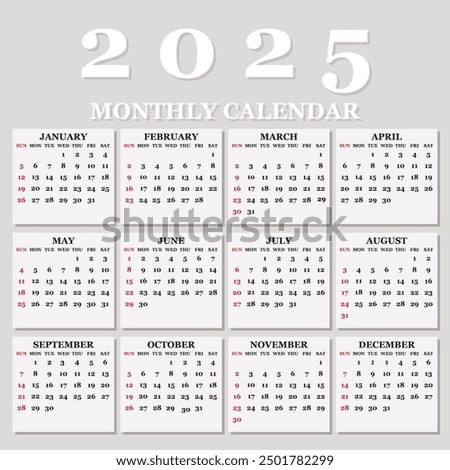  calendar template for 2025 year,  2025 calendar design, 2025 calendar vertical - week starts with Sunday.