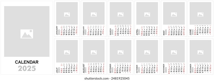 Calendar template for 2025 year with Place for Photo or Company Logo. Vertical design. Vector page A3, A2 for printable wall monthly calendar. Week starts on Sunday. Calendar grid in grey color.