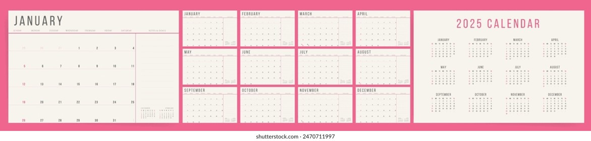 Calendar Template for 2025 year. Week starts on Sunday. Simple aesthetic elegant style. Work or business pink calendar. 2024 calendar in minimalist style. English vector calendar for 2024 year.	