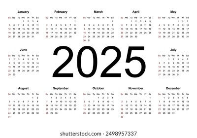 Calendar template for 2025 year. Week starts from Sunday. Isolated vector illustration on white background.