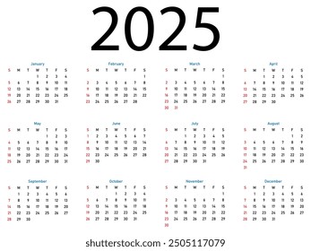 Kalendervorlage für das Jahr 2025. Woche beginnt am Sonntag
