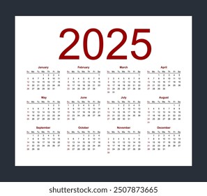 Calendar template for 2025 year. Week starts from Sunday. Isolated vector illustration on white background.