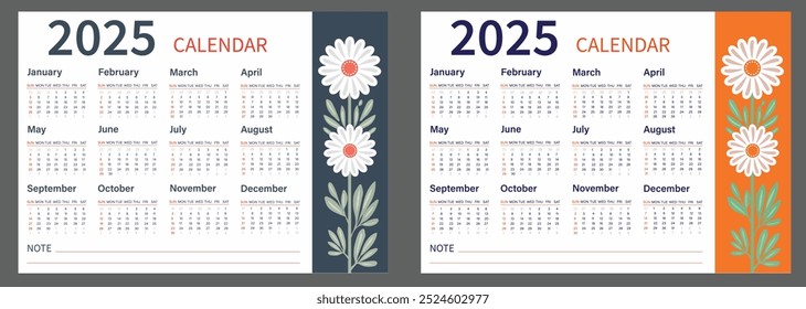 Calendar template for 2025 year. Week starts on Sunday. Vector illustration