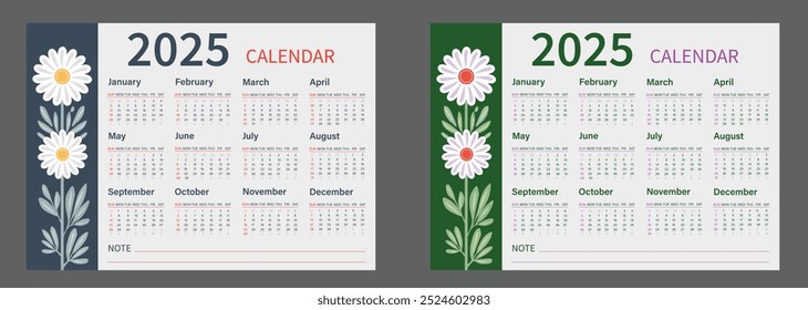Calendar template for 2025 year. Week starts on Sunday. Vector illustration