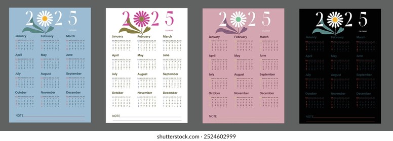 Plantilla del calendario para el año 2025. La semana comienza el domingo. Ilustración vectorial
