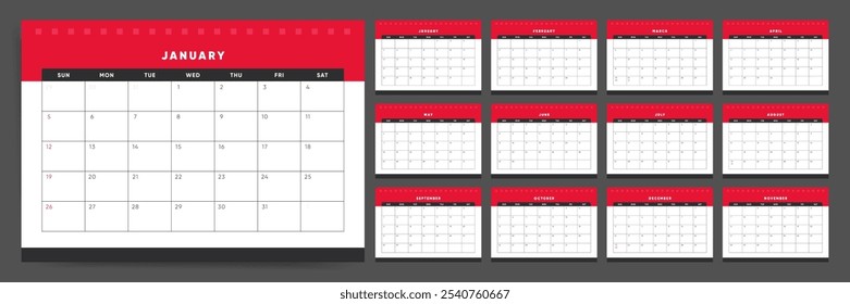 Plantilla del calendario para el año 2025. La semana comienza el domingo. Calendario Wall 2025 en estilo minimalista limpio. Calendario Corporativa o de negocios. Vector en inglés Calendario páginas mensuales diseño rojo.