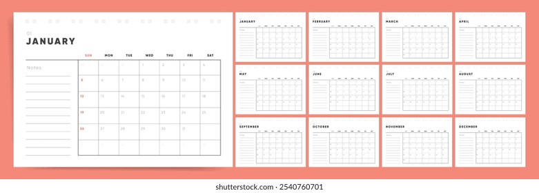 Plantilla del calendario para el año 2025. La semana comienza el domingo. Calendario de escritorio 2025 en estilo minimalista limpio y sección de notas. Corporativa o planificador de negocios.