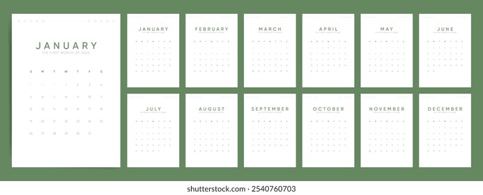 Plantilla del calendario para el año 2025. La semana comienza el domingo. Calendario Wall 2025, tamaño A4, Orientación de Vertical. Calendario Corporativa o de negocios. Lugar para la Imagen de marca, logotipo.