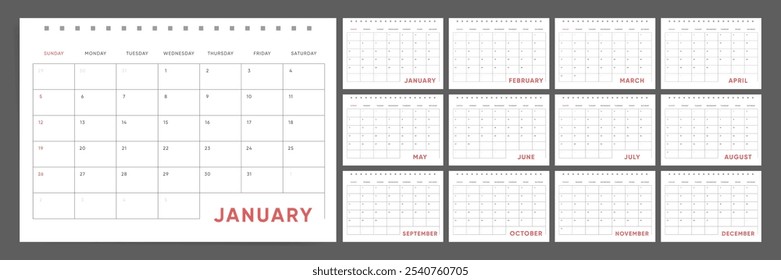 Plantilla del calendario para el año 2025. La semana comienza el domingo. Orientación Horizontal, tamaño A4. planificador de calendario de Vector rentable Plantilla 2025.