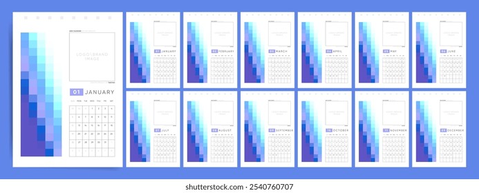 Plantilla del calendario para el año 2025. La semana comienza el domingo. Calendario Wall 2025, tamaño A4, Orientación de Vertical. Calendario Corporativa o de negocios. Lugar para la Imagen de marca, logotipo.