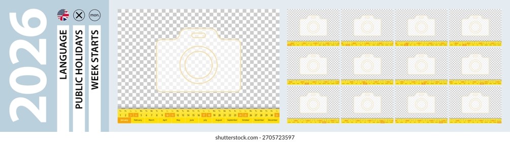 Plantilla de calendario para 2026 en idioma inglés, calendario de escritorio con lugar para la Imagen. Plantilla de Vector.