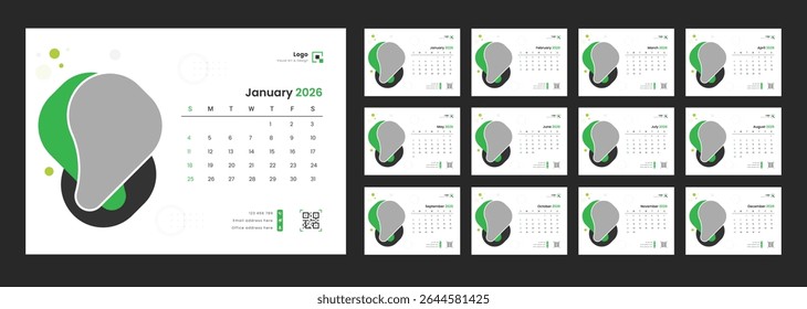 Modelo de calendário para 2026 com início de semana no domingo. Calendário da tabela de Ano Novo 2026. Desk Calendar 2026 modelo 12 meses incluído. A semana começa no domingo.