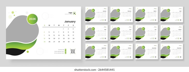 Modelo de calendário para 2026 com início de semana no domingo. Calendário da tabela de Ano Novo 2026. Desk Calendar 2026 modelo 12 meses incluído.