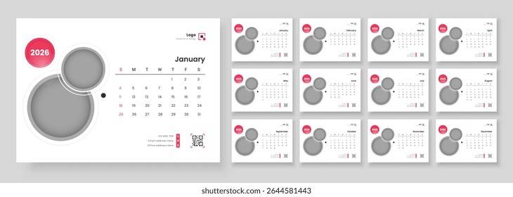 Modelo de calendário para 2026 com início de semana no domingo. Modelo de calendário de mesa 2026. Layout do calendário mensal para o ano de 2026.