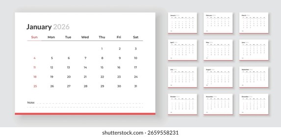 Plantilla del calendario para 2026 con inicio de semana el domingo. Diseño de calendario mensual para el año 2026. Planificador diario para el año 2026. 