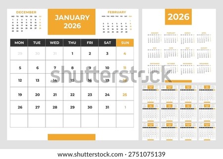 Calendar Template for 2026 Year with Monday Start