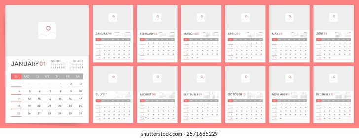 Calendar template for 2026 year. Sunday Starts. Wall planner with photo image. Corporate or business calendar. 2026 calendar in minimal business style. English vector calendar pages for whole 2026.