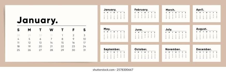 Calendar Template for 2026 year. Week starts on Sunday. Simple minimal classic style. Work or business calendar. 2026 calendar in minimalist style. English vector calendar for 2026 year.