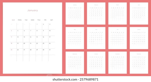 Calendar template for 2026 year. Week starts on Sunday. Wall 2026 calendar in cozy elegant minimal style. Corporate or business Calendar 2026. English vector Calendar monthly pages layout.	
