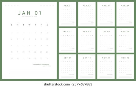 Calendar template for 2026 year. Week starts on Sunday. Wall 2026 calendar A4 format. Casual Vertical Calendar 2026. English vector Calendar monthly pages layout.	