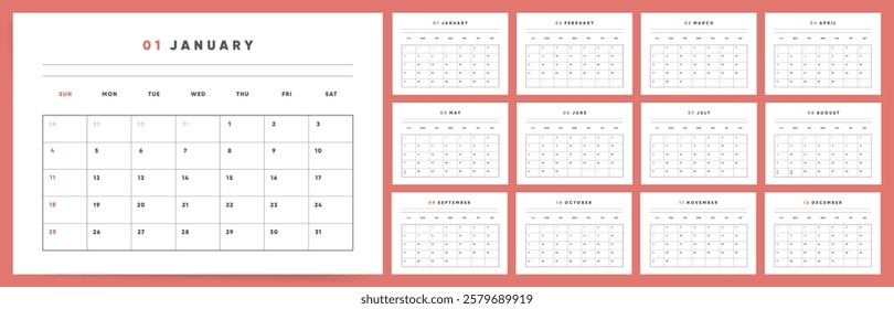 Calendar template for 2026 year. Week starts on Sunday. Every month of 2026 calendar A4 format. Casual Horizontal Calendar 2026. English vector Calendar monthly pages layout for print and digital.	