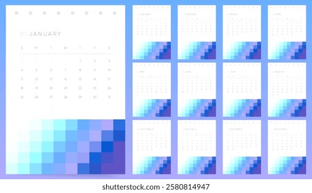 Calendar template for 2026 year. Week starts on Sunday. Wall 2026 calendar A4 format with gradient mosaic decoration. Corporate business Calendar. English vector 2026 Calendar monthly pages layout.	