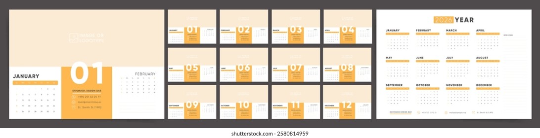 Calendar template for 2026 year. Week starts on Sunday. Wall or desktop planner with photo image. Corporate or business calendar. 2026 calendar in minimal business style for. English vector calendar.