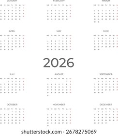 Calendar template for 2026 year. Week starts on Monday
