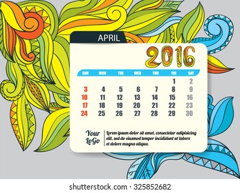 Calendar template of April 2016 ,vector illustration