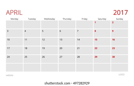 Calendar template of April 2017
