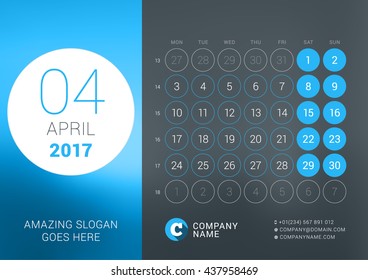 Calendar Template for April 2017. Vector Design Print Template with Place for Photo, Company Logo, Slogan and Contact Information. Dark Background. Week Starts Monday