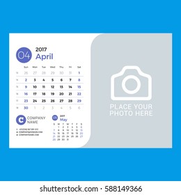 Calendar Template for April 2017. Week Starts Sunday. Design Print Template. Vector Illustration Isolated