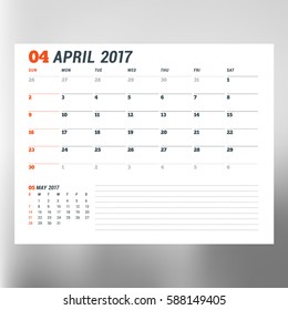 Calendar Template for April 2017. Week Starts Sunday. Design Print Template. Vector Illustration Isolated