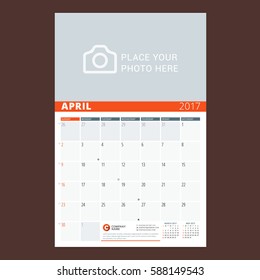 Calendar Template for April 2017. Week Starts Sunday. Design Print Template. Vector Illustration Isolated